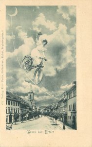 Postcard C-1905 Erfurst Germany bicycle highwire woman undivided  23-12628