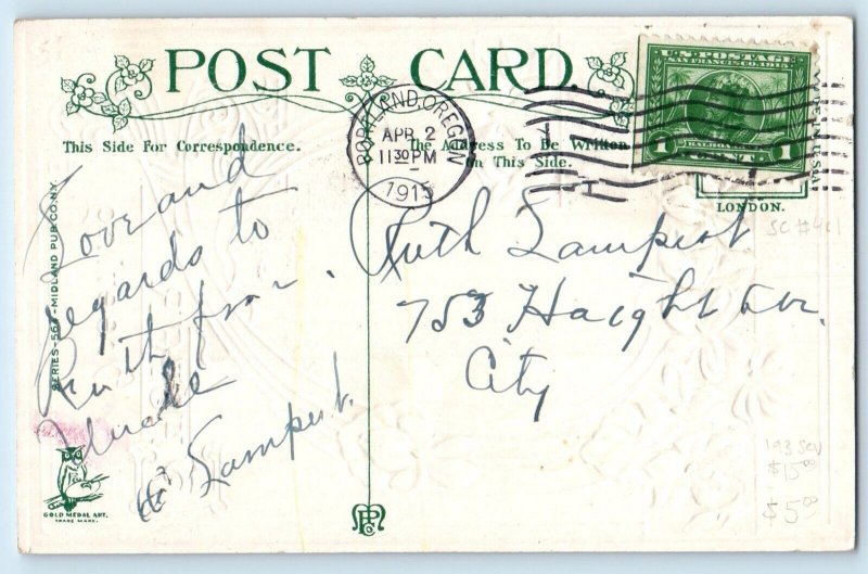 1915 Easter Greeting Flowers Embossed Portland Oregon OR Antique Postcard