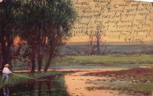Vintage Postcard 1906 Fishing on Lake Sunset View Painting Artwork Rock Island