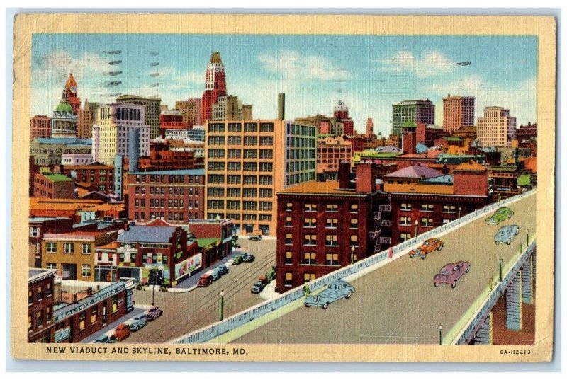 1941 New Viaduct & Skyline Cars Building Bridge Baltimore Maryland MD Postcard