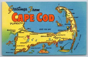 Cape Cod Massachusetts~State Map~Fishing~Golf~Mermaid~Linen Postcard