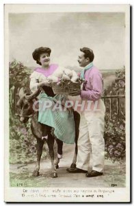 Fantasy - Couple - Donkey - Donkey - Old Postcard