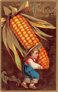 Thanksgiving Greeting 1909 Fantasy Boy Caring Giant Corn embossed postcard B989