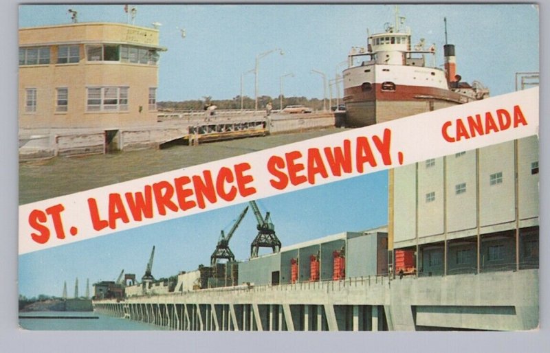 Ship, Locks, Generating Station, St Lawrence Seaway, Vintage Split View Postcard