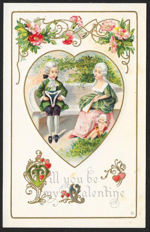 Will You Be My Valentine Old Dressed Man Lady Sitting Cupid Flowers Unused c1910