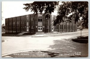 Grundy Center IA~Bottom of Hill Entrance Faces Corner @ High School~RPPC 1940s 