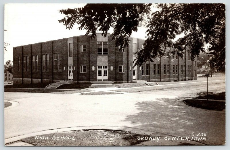 Grundy Center IA~Bottom of Hill Entrance Faces Corner @ High School~RPPC 1940s 