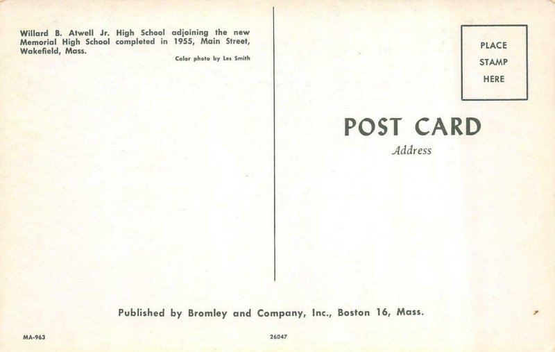 WAKEFIELD, MA Massachusetts  WILLARD B ATWELL JUNIOR HIGH SCHOOL Chrome Postcard