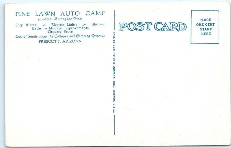 c1930s Prescott, AZ Pine Lawn Auto Camp Birds Eye Advertising Postcard Ariz A88