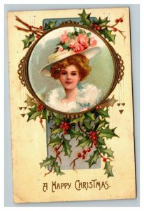 Vintage 1910's Christmas Postcard - Cute Girl White Hat Pink Flowers Mistletoe