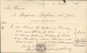 SOUTHPORT ORMSKIRK ENGLAND~BRIGHOUSE & JONES-BILLHEAD RECEIPT-LEGAL EXPENSE~1888