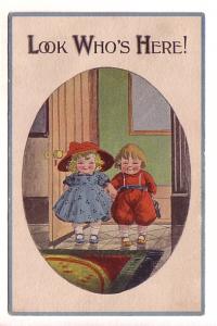 Cute Boy and Girl in Oval, 'Look Who's Here!',  Used 1916