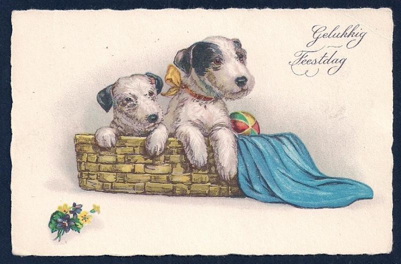 Happy Holiday Dogs in a Basket unused c1920's