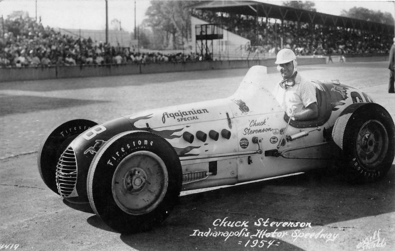 RPPC STEVENSON INDIANAPOLIS MOTOR SPEEDWAY RACE CAR REAL PHOTO POSTCARD 1954