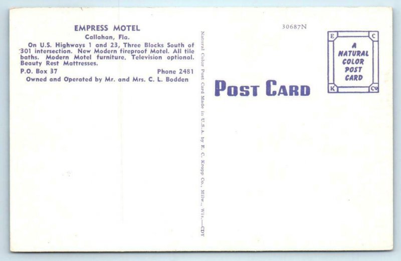 CALLAHAN, Florida FL ~ Roadside EMPRESS MOTEL c1940s Nassau County Postcard