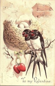 To My Valentine Swallows/Nest w/ Eggs/HeartsLithograph 1913 Vintage Postcard