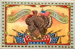 Thanksgiving Postcard Patriotic Turkey with American Flags