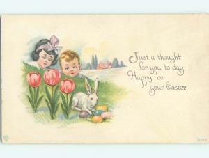 Unused Divided-Back easter KIDS PEEK OVER HILL AT BUNNY RABBIT r2868