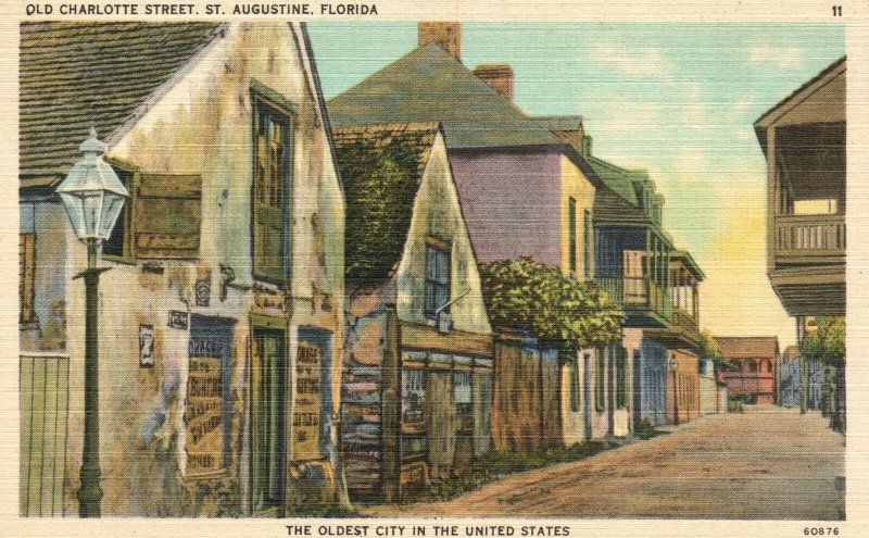 Vintage Postcard 1930's Old Charlotte Street Oldest City In US St. Augustine FL