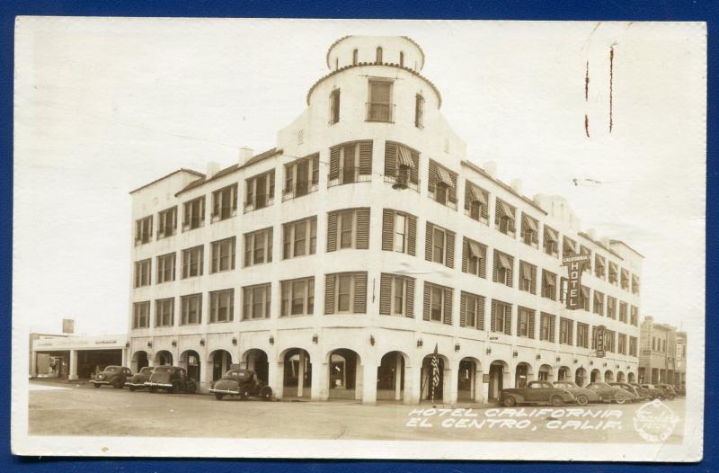 Hotel California ca El Centro street old autos 1940s real photo postcard RPPC