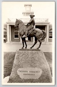 RPPC Mandan ND North Dakota Depot With Roosevelt Rough Rider Statue Postcard P25