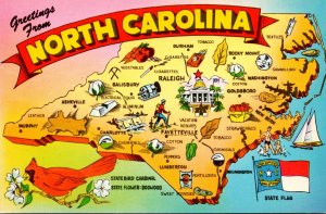 North Carolina Greetings From The Tar Heel State With Map State Flag and Bird