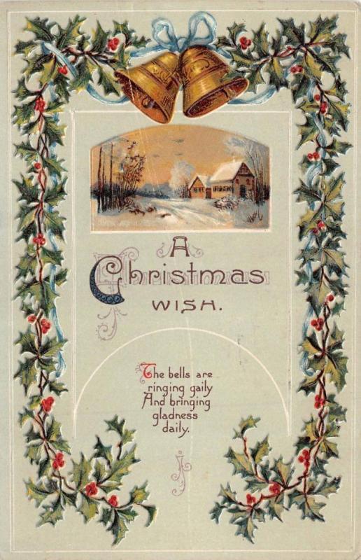 CHRISTMAS Greetings  Home~Holly~Bells~Christmas Wish  EMBOSSED  c1910's Postcard