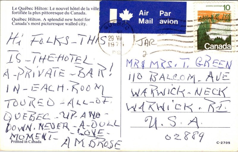 Quebec Hilton Hotel Exterior Quebec Canada Old Cars Chrome Cancel WOB Postcard 