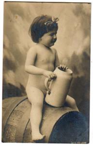 RPPC, Girl Sitting on a Barrel with a Pitcher