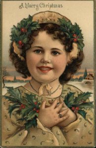 Christmas Adorable Little Girl in Holly c1910 Gel Vintage Postcard