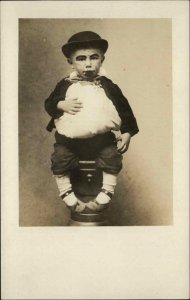 Bizarre Unusual Little Boy Tramp? Hobo? Costume Studio Real Photo Postcard