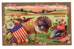 Thanksgiving Greetings, Turkeys and Eagle, Flag, Embossed, Used Cleveland 1910