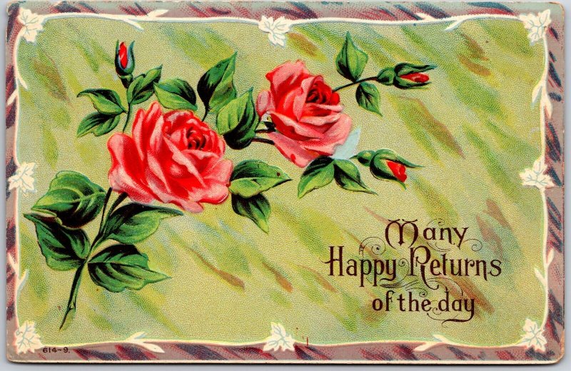 Many Happy Returns Of The Day Beautiful Red Roses Flowers Greetings Postcard 