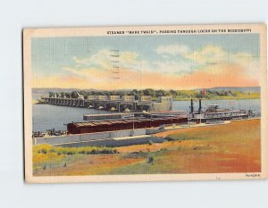 Postcard Steamer Mark Twain Passing Through Locks On The Mississippi USA