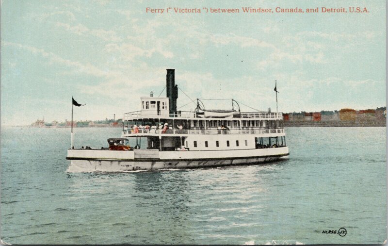 Ferry 'Victoria' Boat between Windsor Ontario & Detroit MI Postcard E91