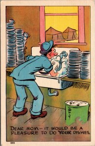 Vtg Postcard Military Comic Dear Mom Pleasure to do your dishes Soldiers Mail