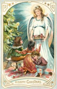 c1910 Tuck Embossed Christmas Postcard 102 Angel w/ Fruit for Children by Tree