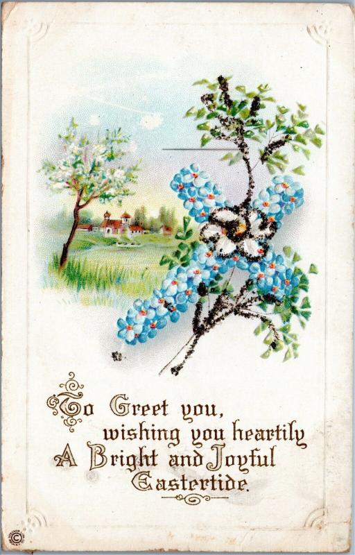 Easter Greetings - purple and silver cross with flowers - Posted Chicago 1911