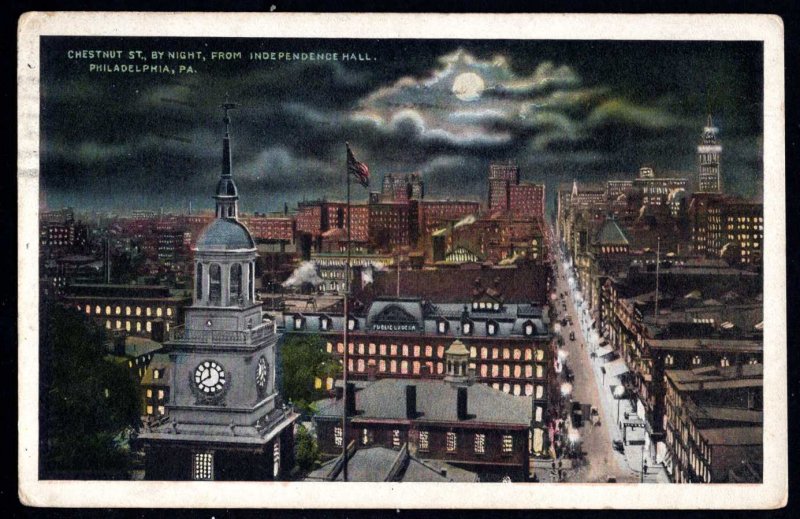 Pennsylvania PHILADELPHIA Chestnut St. by Night from Independence Hall pm1917 WB