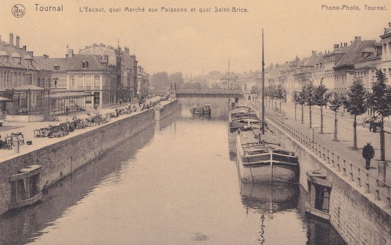 Tournai L'Escaut quai Marche aux Poissons St Brice Boats Belgium Postcard