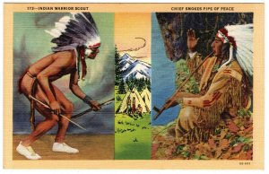 Vintage Curteich Linen Postcard Indian Warrior Scout & Chief Smoking Pipe