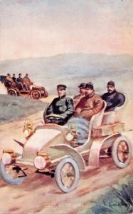 EARLY DAYS OF AUTOMOBILE TRANSPORTATION-AUTO SPIN-ARTIST DRAWN POSTCARD