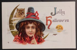 Mint USA Picture Postcard Halloween Jolly Girl with Hat and Red Clothes Pumpkin