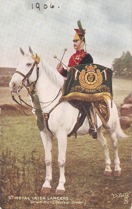 The Royal Irish Lancers .Drummer Review Order Tuck Oilette PC # 9367