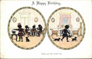 Birthday Silhouette Children Tea Party Nursery Rhyme c1910 Vintage Postcard