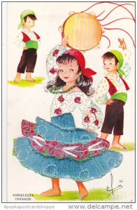 Andalucia Infantil Beautiful Girl With Embroidered Blue and Red Dress