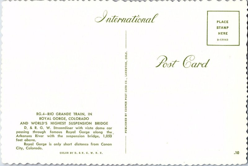 Rio Grande Train at Royal Gorge Colorado Highest Suspension Bridge Postcard