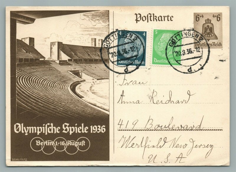 1936 OLYMPIC GAMES GERMAN VINTAGE POSTCARD w/ STAMPS