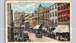 Main Street West from Church, Norfolk VA c1919 Vintage Postcard N48