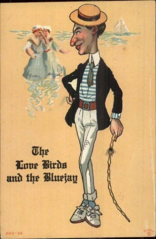 Caricature Comic - Skinny man on Beach Love Birds & The Bluejay c1910 Postcard 